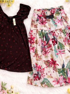 Mexx Cream Maxi Skirt with Pink & Green Floral Print - cherry dress both nWT